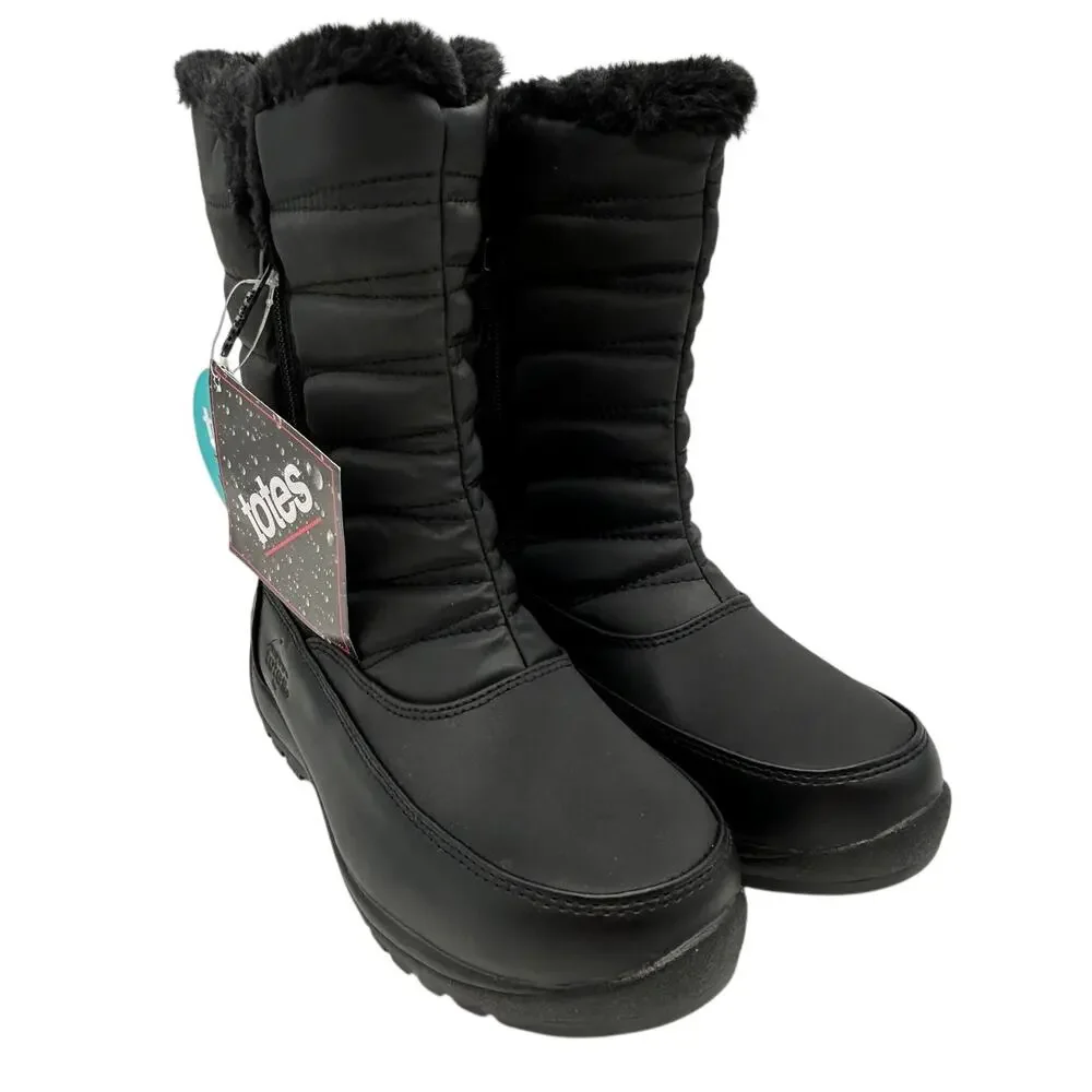 New Totes Jennifer Black Waterproof Winter Snow Boots Women's Size 6W Faux Fur